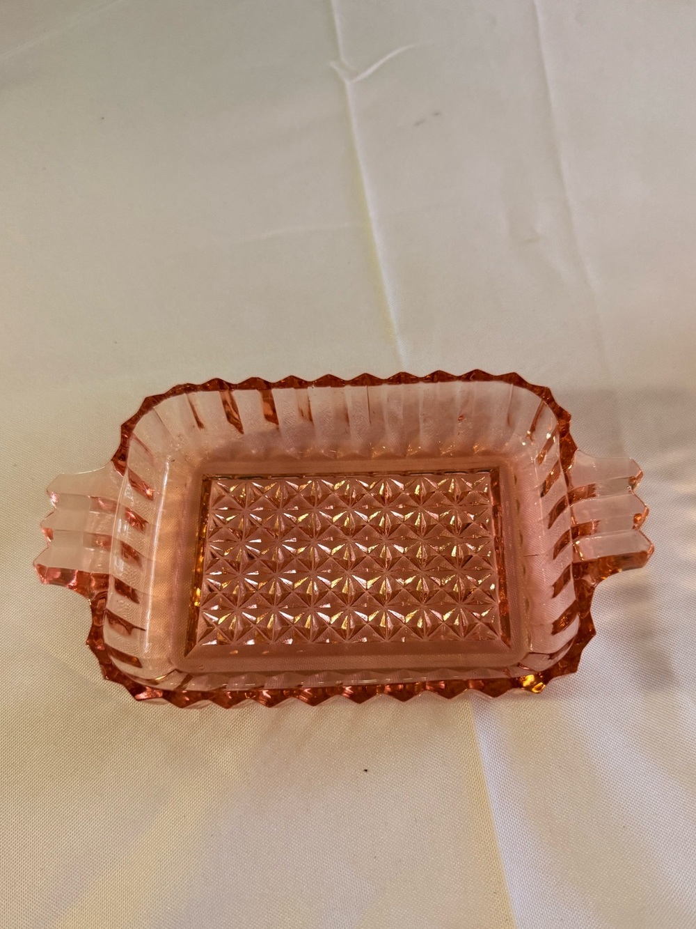 Vtg. Pink Depression Jeanette glass relish type dish diamond pattern